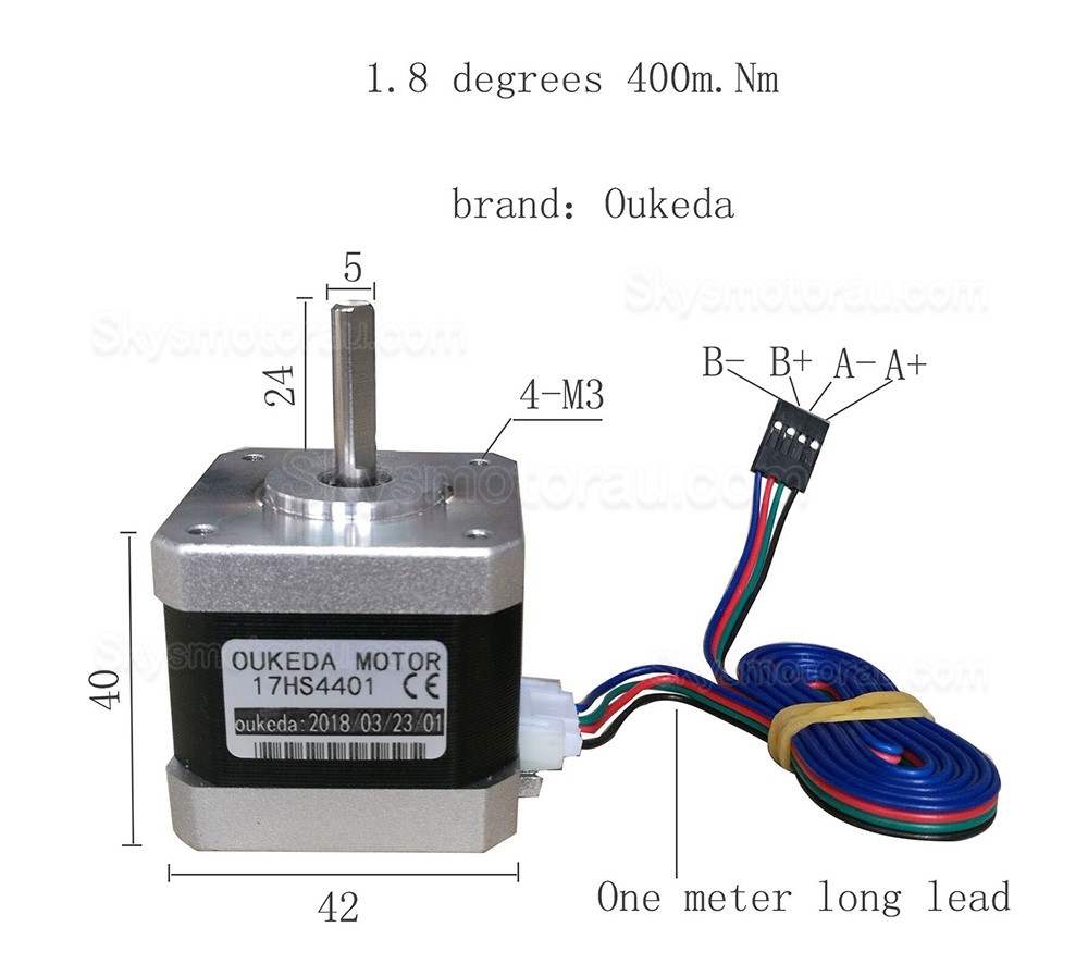 Oukeda NEMA 17 Bipolar Stepper Motor 17HS4401 45Ncm 1.68A 1.8 deg 4 Wires for 3D Printer Robotics